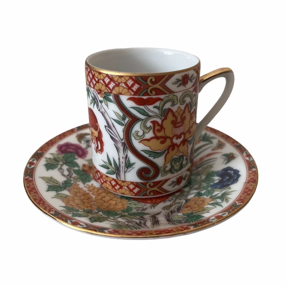 Vintage Tea/Espresso Cup & Saucer Hand Painted Birds Deer Dragon Flower Japan